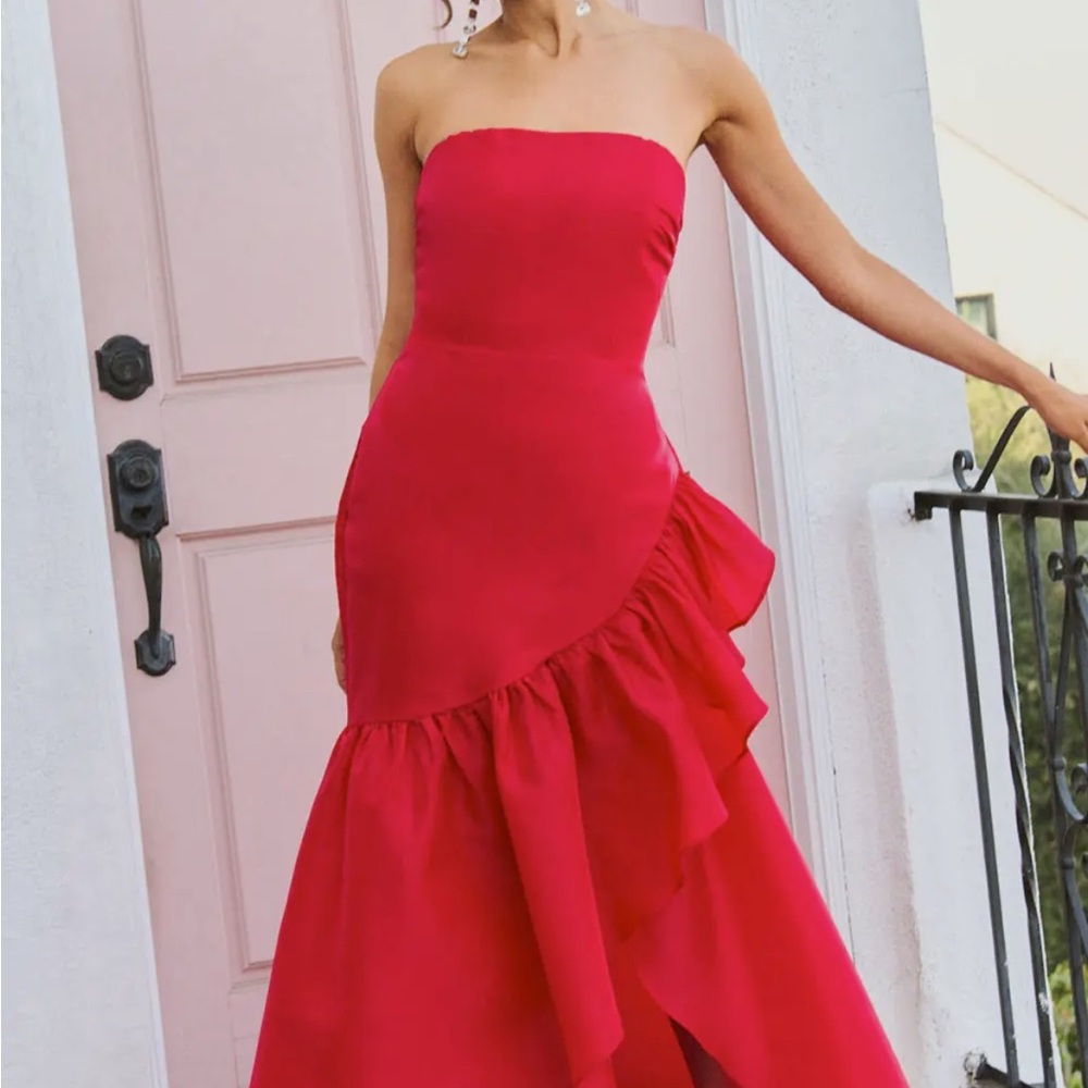 Red Strapless Ruffled Gown for Weddings